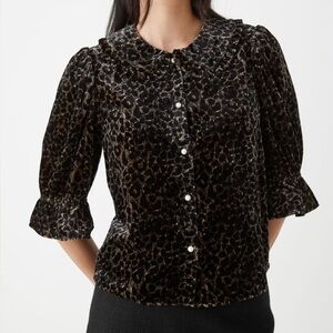 & Other Stories - Leopard Velvet Pearl Buttons Top with Peter Pan Collar